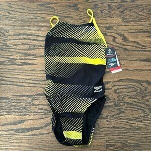 NWT Speedo Endurance One Piece Swimsuit Yellow Multi Stripe Size 30